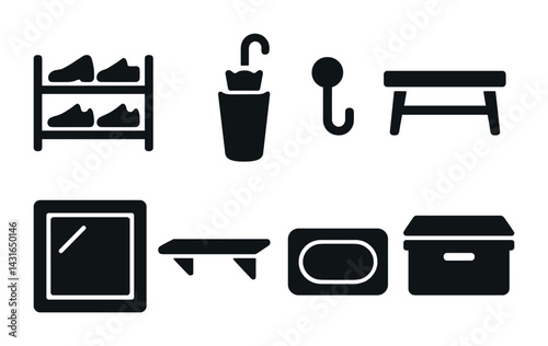 Home organization silhouette icons set – solid style for decluttering, tidying, and interior design: shoe rack, umbrella stand, coat hook, bench, mirror, shelf, storage box.