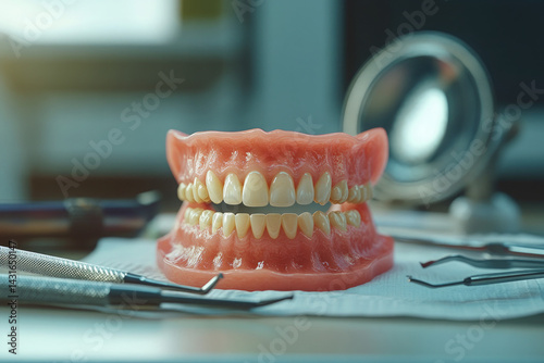 Close-up of extracted teeth and dental tools on sterile gauze for oral surgery