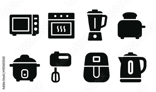 Kitchen appliances filled icon set – solid style cooking, home, and chef tools for culinary design: microwave, oven, blender, toaster, slow cooker, mixer, air fryer, kettle.