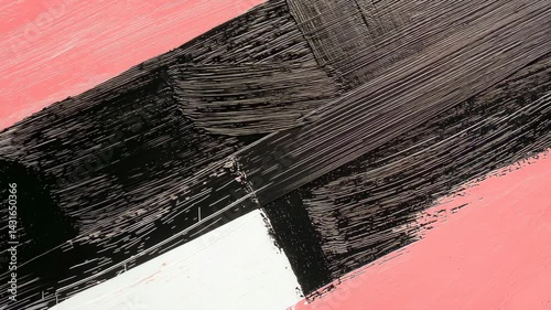 Abstract painting with bold brush strokes in pink, black, and white hues.