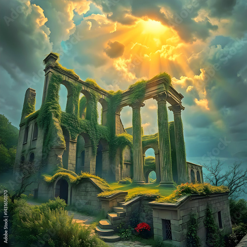 Ruins of an ancient castle covered in ivy, under an epic stormy sky.