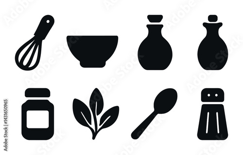 Essential kitchen cooking icons set - solid style culinary, cooking, and baking symbols for recipe design: whisk, bowl, oil bottle, spice jar, herb leaves, spoon, salt shaker