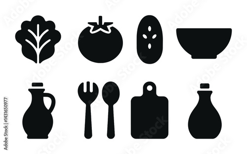 Obraz na płótnie Culinary and cooking solid icons set – silhouette style kitchen, food preparation, and ingredient symbols for recipe guides: lettuce, tomato, cucumber, bowl, oil, utensils, board, vinegar. w salonie