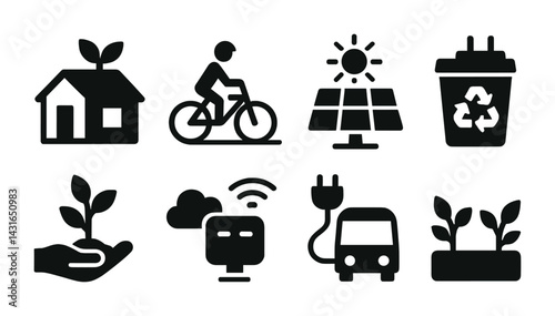 Eco-friendly living icon set – solid style environment, sustainability, and green energy symbols: eco-house, cyclist, solar panel, recycle bin, plant, smart home, electric bus, garden bed