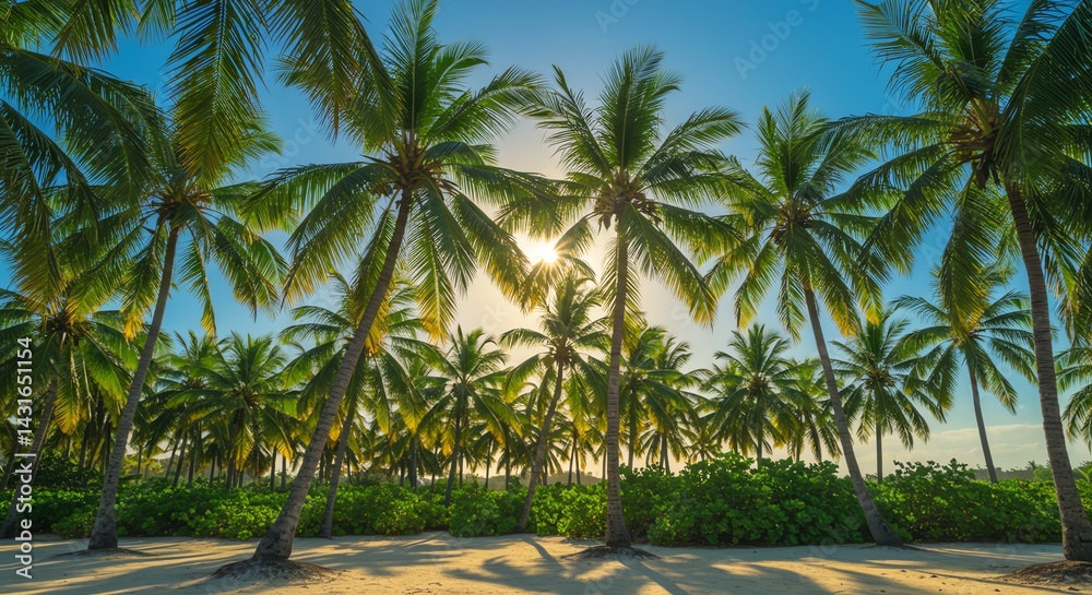 Fototapeta premium Lush Tropical Paradise Sunlit Coconut Palm Grove on a Sandy Beach