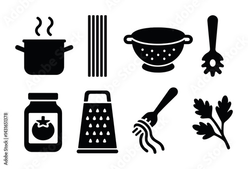 Kitchen cooking essentials solid icon set – flat style culinary, food preparation, and cookware symbols for home chefs: pot, colander, pasta server, jar, grater, fork, parsley.