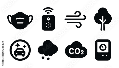Air quality and pollution solid icons set – silhouette style environment, protection, and monitoring symbols: mask, air sensor, wind, tree, clean car, cloud, co2, air detector.