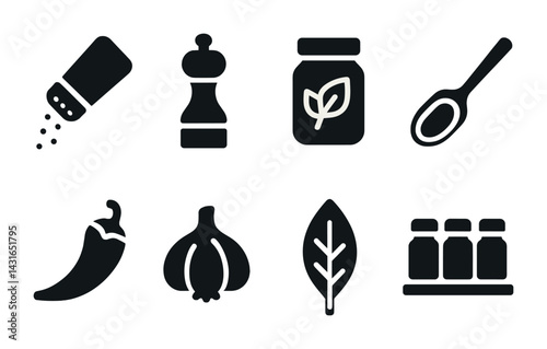 Spices and herbs solid icons set – flat style kitchen, culinary, and cooking symbols for flavor and seasoning: salt shaker, pepper mill, herb jar, spoon, chili pepper, garlic, bay leaf, spice rack.