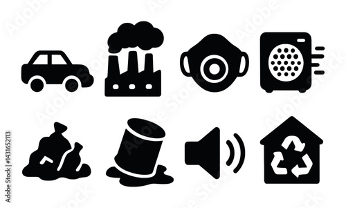 Environmental pollution solid icons set – filled style eco awareness, environmental protection, and sustainability symbols: car, factory, mask, air purifier, waste, oil spill, noise, recycling.