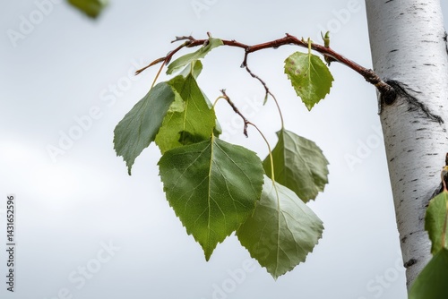 Branch with fresh leaves against pale sky photo