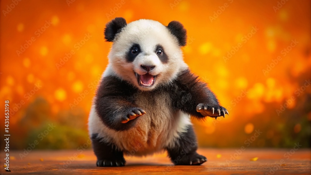 Fototapeta premium Happy Chubby Panda Cub Dancing, Orange Background, 4K Ultra HD Stock Photo