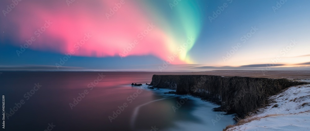 Dramatic aurora lights over coastal cliffs ocean landscape Dramatic aurora lights over coastal cliffs ocean landscape