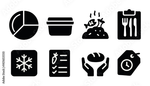 Food and meal prep solid icons set – silhouette style for cooking, kitchen organization, and nutrition: pie chart, container, meal, clipboard, frozen food, list, bread, price tag.