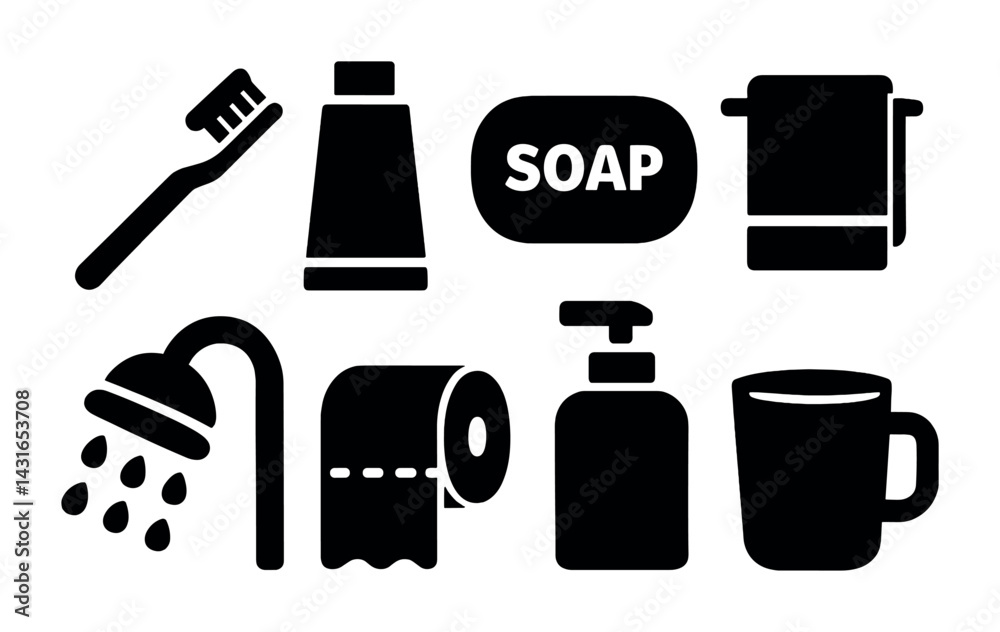 Bathroom essentials solid icon set – flat style hygiene, cleaning, and personal care icons for daily routines: toothbrush, soap, towel, shower, toilet paper, dispenser, mug.