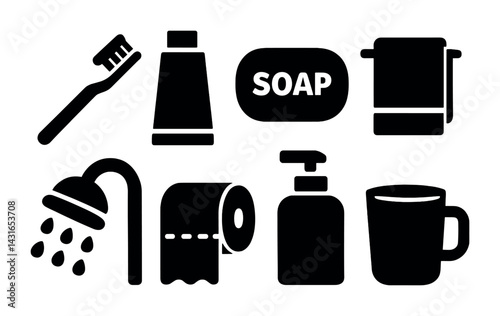 Obraz na płótnie Bathroom essentials solid icon set – flat style hygiene, cleaning, and personal care icons for daily routines: toothbrush, soap, towel, shower, toilet paper, dispenser, mug. w salonie