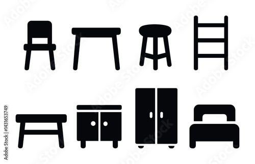 Home furniture solid icons – flat style interior, decor, and design symbols for space planning: chair, table, stool, ladder, bench, cupboard, wardrobe, bed.