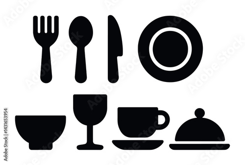 Dining and kitchen solid icons set - silhouette style cooking, meal preparation, and tableware symbols: fork, spoon, plate, cup, knife, dish, bowl, wine glass.