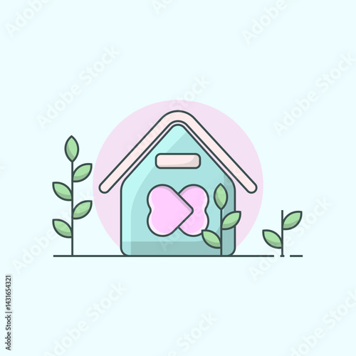 Illustration of house with 2 cute vector love symbols, symbol of new life for bride