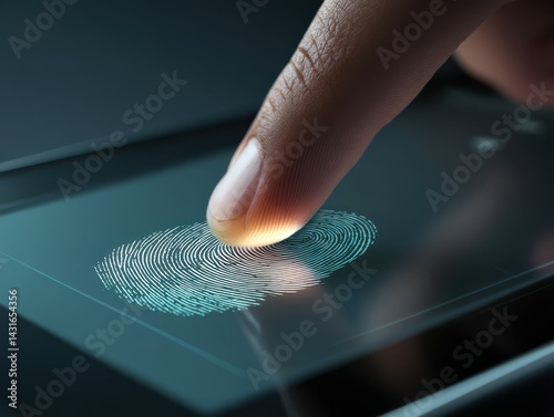 Finger touching screen with fingerprint scanner, biometric security and identification