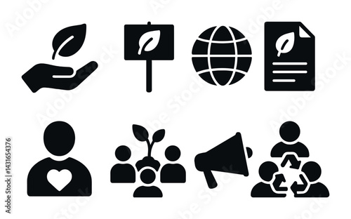 Environmental awareness solid icons set – filled style eco-friendly, sustainability, and conservation symbols: hand with leaf, globe, document, group, megaphone, recycle.