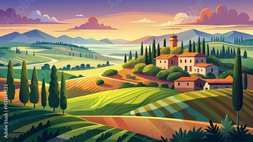 Very beautiful Landscape view of Tuscany, Italy during sunrise