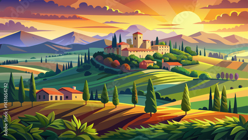 Very beautiful Landscape view of Tuscany, Italy during sunrise