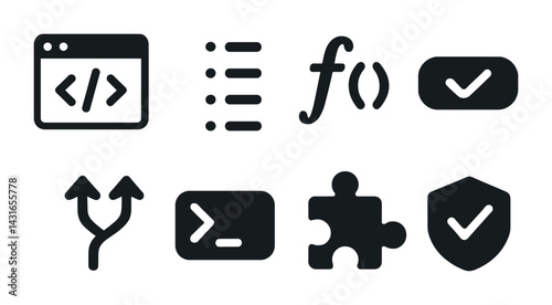 Programming and development solid icons – filled style code, script, and debug symbols for software design: code, function, command line, merge, checkbox, puzzle, shield.