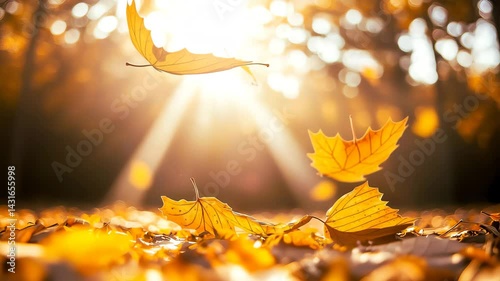 Golden autumn leaves falling gracefully in a sunlit forest, creating a serene atmosphere.