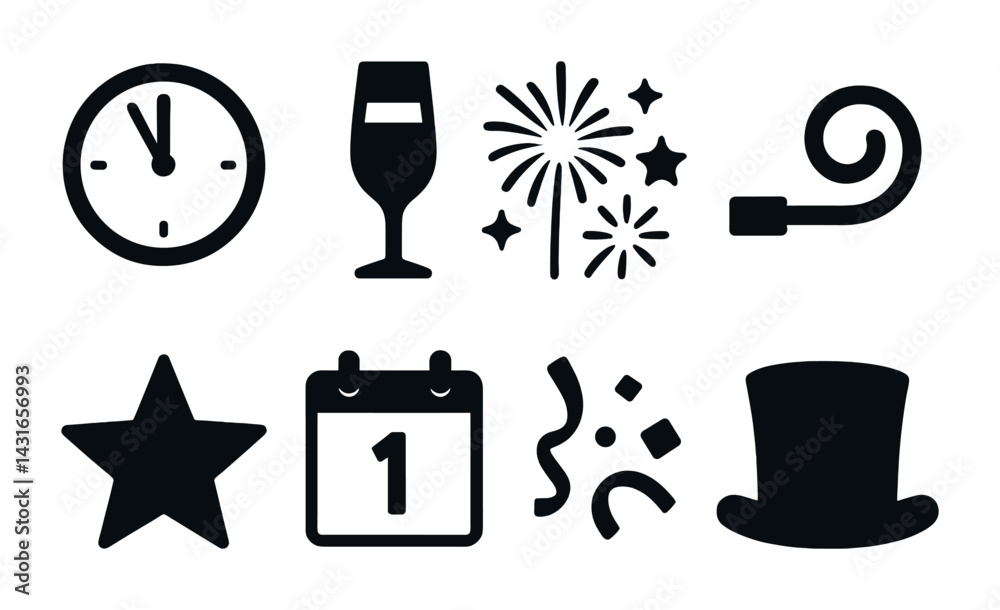 New year's eve celebration solid icons – filled style party and holiday design symbols: clock, wine glass, fireworks, party horn, star, calendar, confetti, top hat.