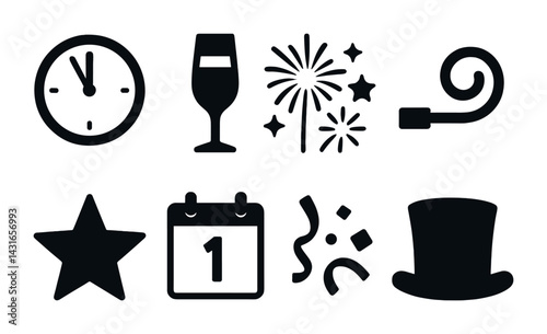 Obraz na płótnie New year's eve celebration solid icons – filled style party and holiday design symbols: clock, wine glass, fireworks, party horn, star, calendar, confetti, top hat. w salonie