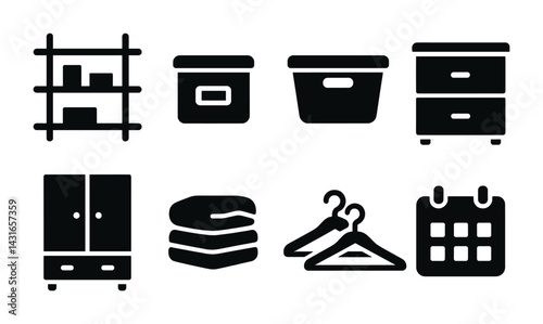 Home organization solid icons – filled style storage and decluttering symbols for neat living: shelf, box, basket, cabinet, wardrobe, folded clothes, hangers, calendar.
