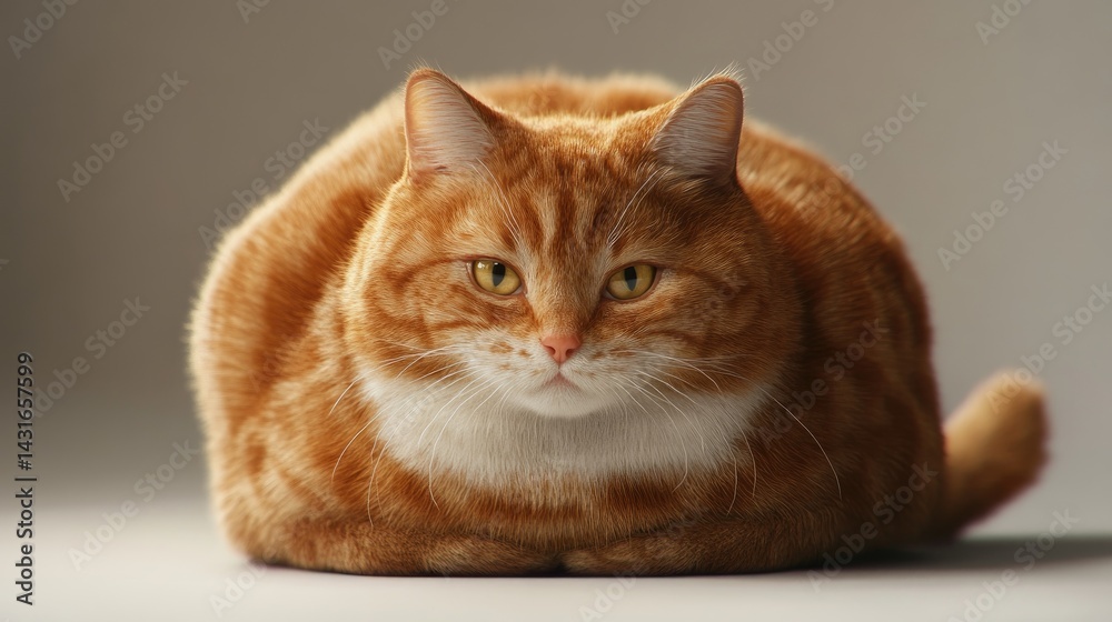 Obraz premium Chubby cat sitting like a loaf, looking proud and slightly smug. Realistic 3D fur and soft white light give depth and texture.