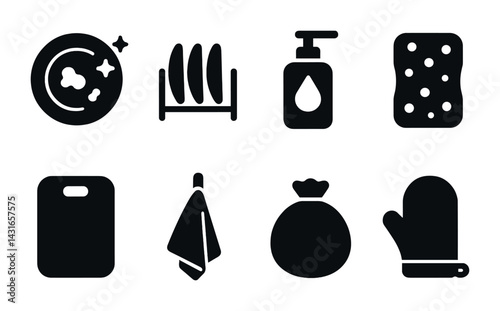 Kitchen cleaning solid icons set – flat style hygiene, housekeeping, and sanitation symbols for home care: sponge, detergent, dish rack, trash bag, oven mitt.