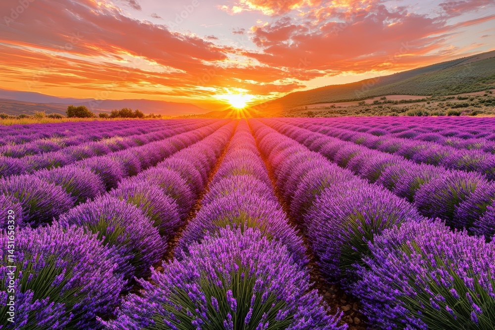 Obraz premium A colorful field of lavender under a vibrant sunset
