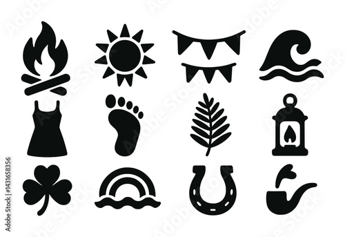 Outdoor activities silhouette icon set – solid style camping, nature, and adventure symbols for recreation: campfire, sun, tent, wave, footprint, lantern, leaf, horseshoe.