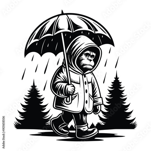 bigfoot in raincoat walking with umbrella  melanch