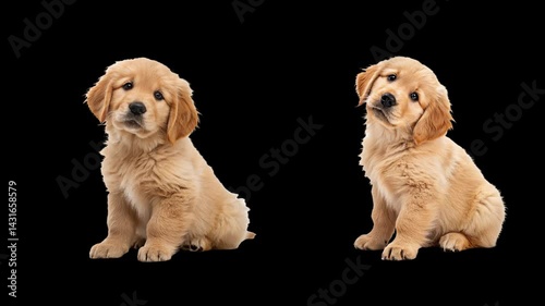 Two Cute Golden Retriever Puppies Sitting on Transparent Background video

