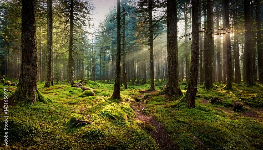 Fototapeta premium enchanted pine forest wallpaper background 006