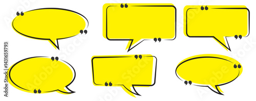 Collection of Yellow quote box frames and icons. Empty speech and quote bubbles. Yellow Quote box frame set. Blank quote boxes for text. Yellow Quotation bubble. Yellow Quote text in speech bubble.