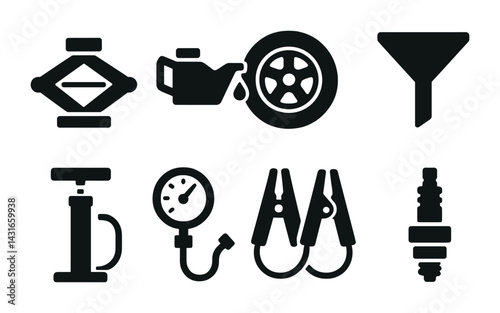 Automotive maintenance filled icon set – solid style car repair, service tools, and vehicle equipment symbols for garage projects: jack, oil can, tire, funnel, pump, gauge, jumper cables, spark plug.