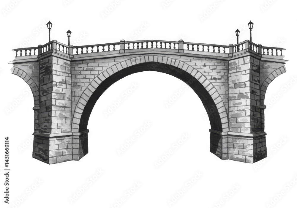 Fototapeta premium Stone Arch Bridge Illustration - A grayscale illustration of an elegant stone arch bridge, detailed with balustrades and lampposts. Perfect for travel, architecture, or historical contexts