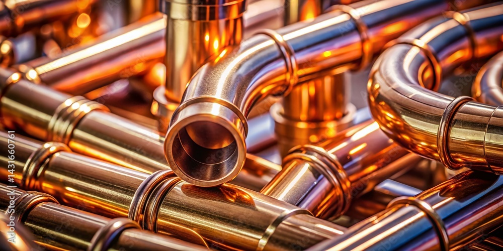 Naklejka premium High-Resolution Stock Photo: Shiny Copper Pipes & Fittings, Industrial Plumbing