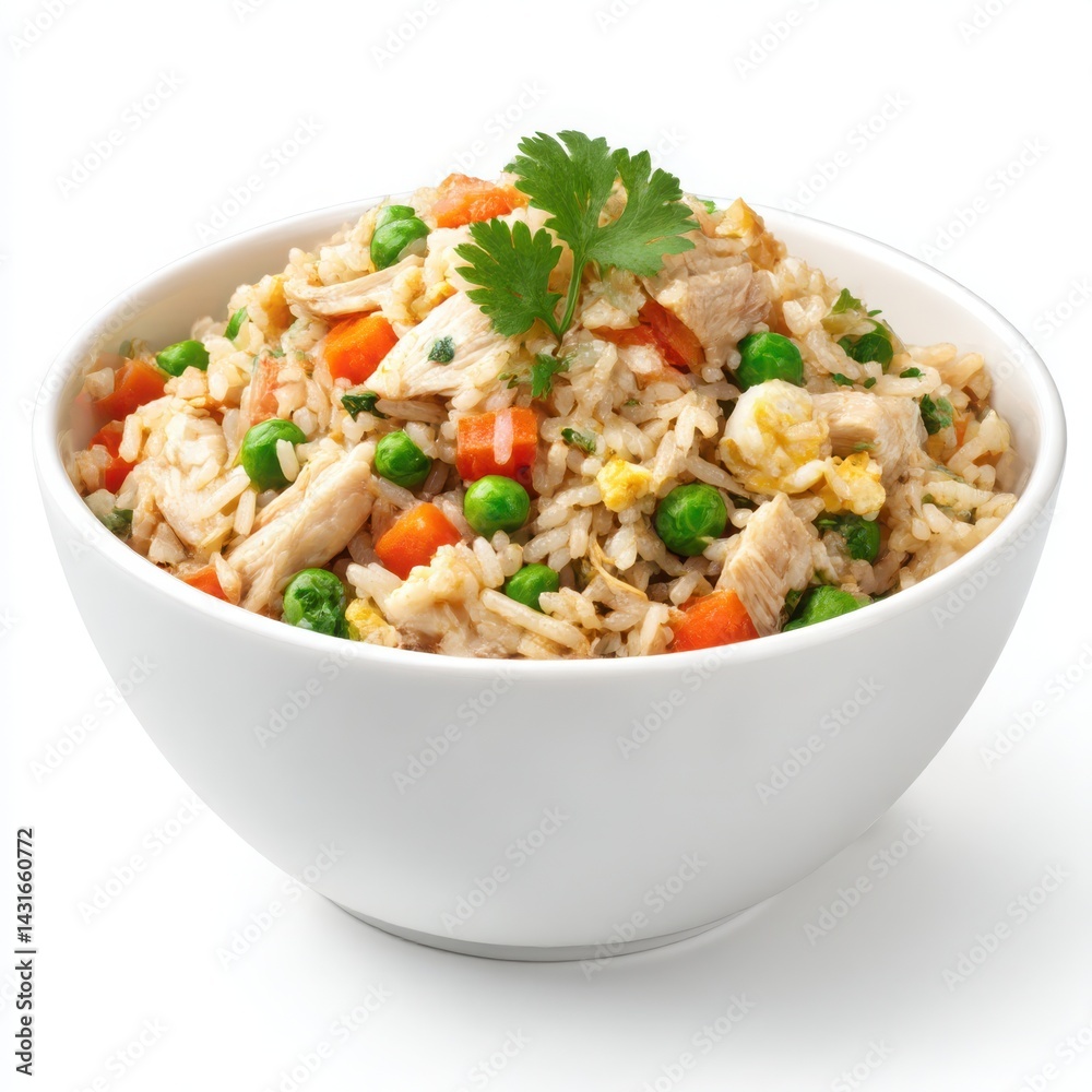 A white bowl filled with chicken fried rice, featuring rice,