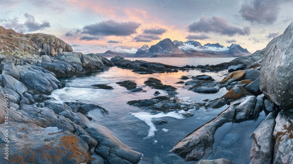 Panoramic sunset view of a rocky coastline with calm water, mountains in the background. Panoramic sunset view of a rocky coastline with calm water, mountains in the background.