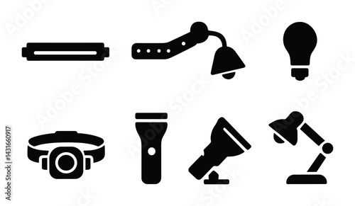 Home lighting icons set – filled style for interior design, home decor, and illumination: led strip, pendant light, bulb, headlamp, flashlight, spotlight, desk lamp.