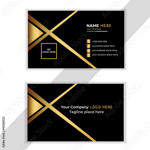 Set of black gold modern business card print templates. Personal visiting card with company logo. Vector illustration. Stationery design with simple modern luxury elegant abstract pattern background.