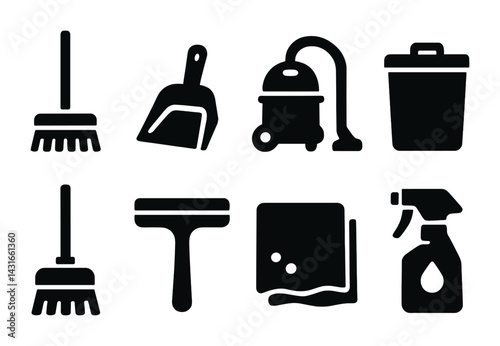 Household cleaning tools solid icons set – silhouette style home maintenance, sanitation, and hygiene symbols: broom, dustpan, vacuum, trash bin, squeegee, spray bottle.
