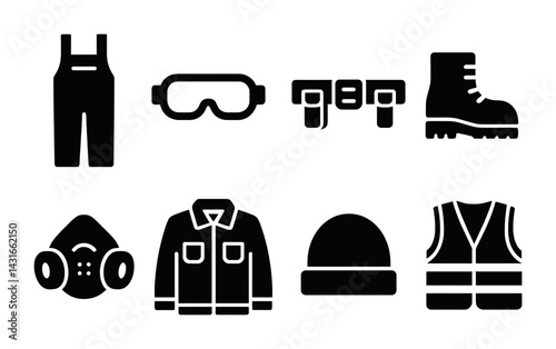 Safety equipment solid icons set – filled style protective gear, workwear, and security symbols for workplace safety: overalls, goggles, tool belt, boots, respirator, jacket, beanie, vest.