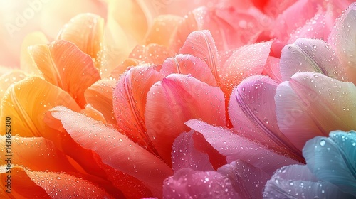 Vibrant floral petals with dewdrops: a closeup of multicolored tulips in morning light