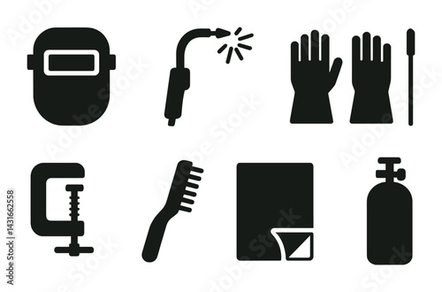 Industrial safety solid icons set – silhouette style for workplace protection and equipment: welding helmet, torch, gloves, clamp, wire brush, metal sheet, gas cylinder
